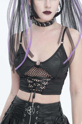 Débardeur gothique pour femme avec panneau en maille noire, boucle en métal et corde réglable